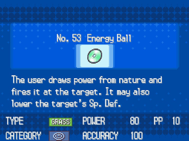 In-game details for TM53 Energy Ball. / Pokemon BW