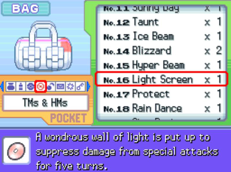 In-game description of TM16 Light Screen / Pokémon Platinum