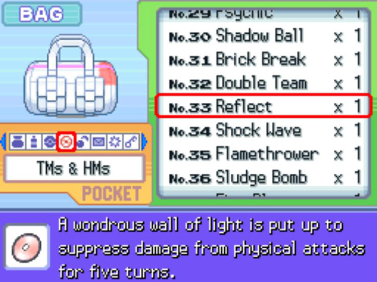In-game description of TM33 Reflect / Pokémon Platinum