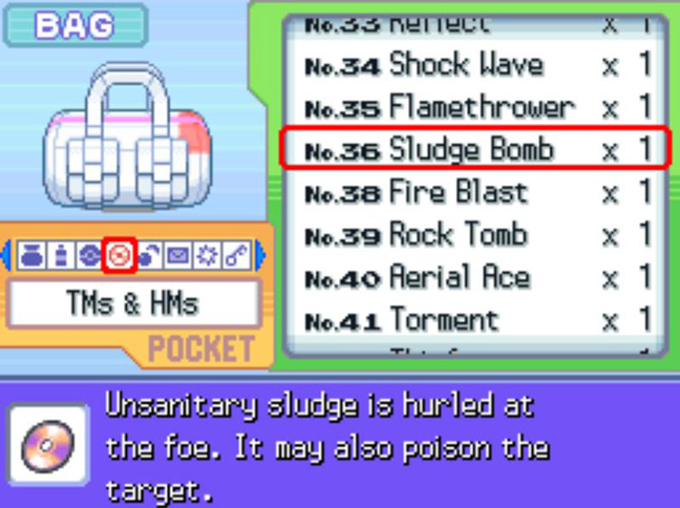In-game description of TM36 Sludge Bomb / Pokémon Platinum