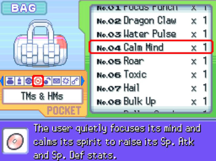 In-game description of TM04 Calm Mind / Pokémon Platinum