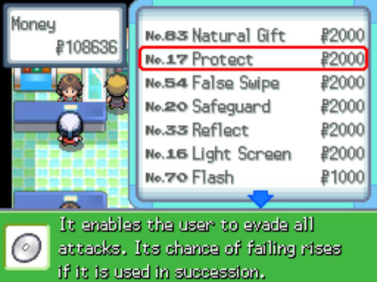 TM17 Protect’s listing at the Department Store / Pokémon Platinum