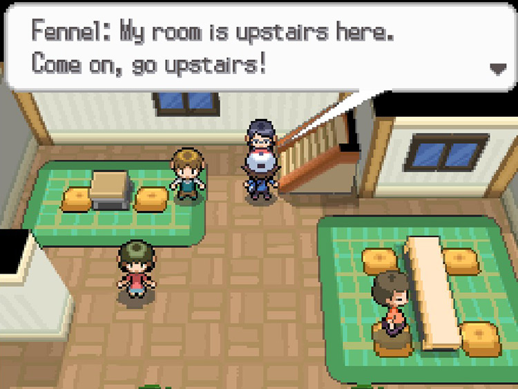 Fennel will ask you to follow her upstairs. / Pokemon BW