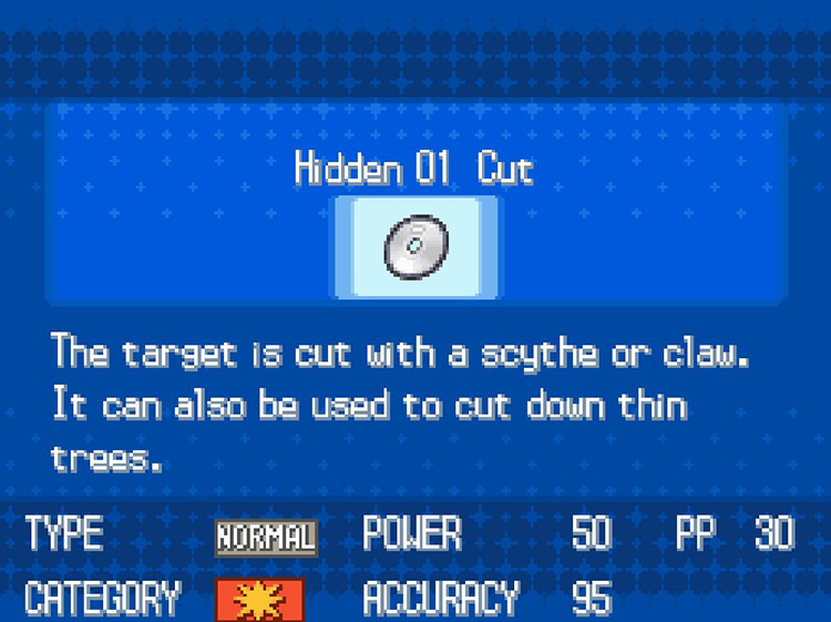 In-game details for HM01 Cut. / Pokemon BW