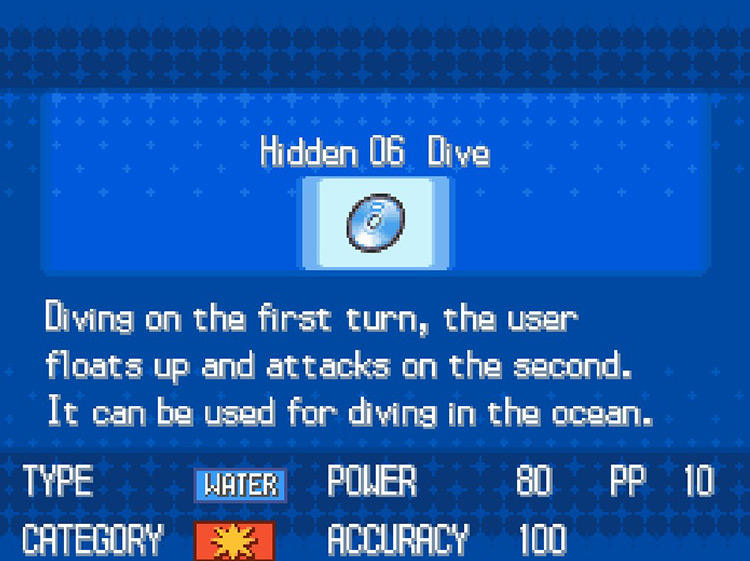 In-game details for HM06 Dive. / Pokemon BW