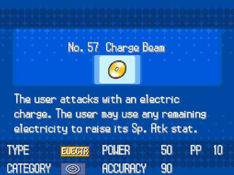 In-game details for TM57 Charge Beam. / Pokemon BW