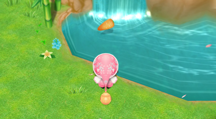The farmer drops a gift into the Harvest Goddess’ waterfall / SoS: FoMT