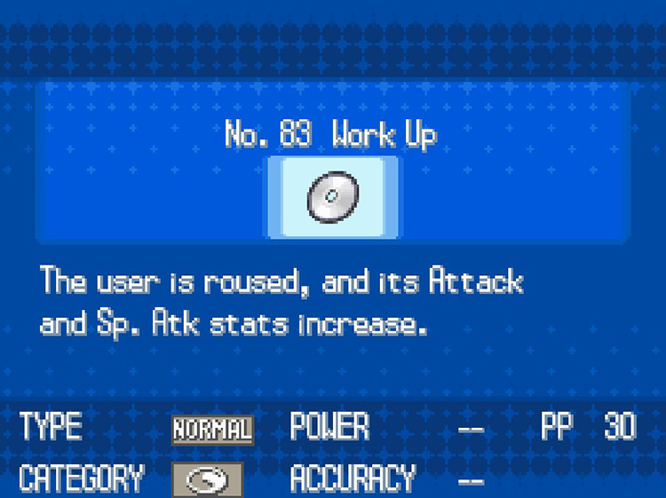 In-game details for TM83 Work Up. / Pokemon BW
