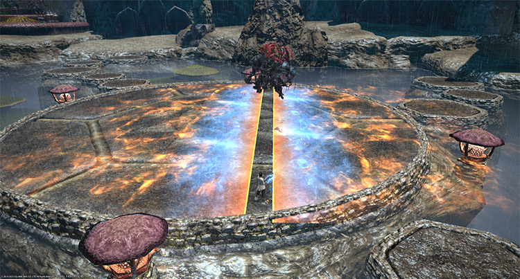Run through the narrow safe zone after getting knocked back. / Final Fantasy XIV