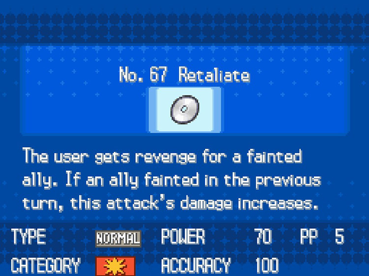 In-game details for TM67 Retaliate. / Pokemon BW