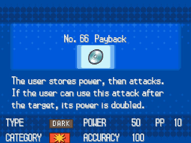 In-game details for TM66 Payback. / Pokemon BW