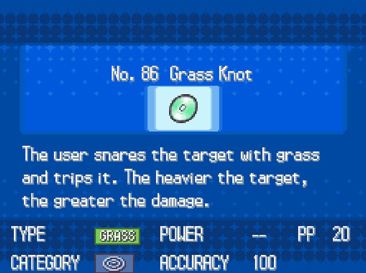In-game details for TM86 Grass Knot. / Pokemon BW