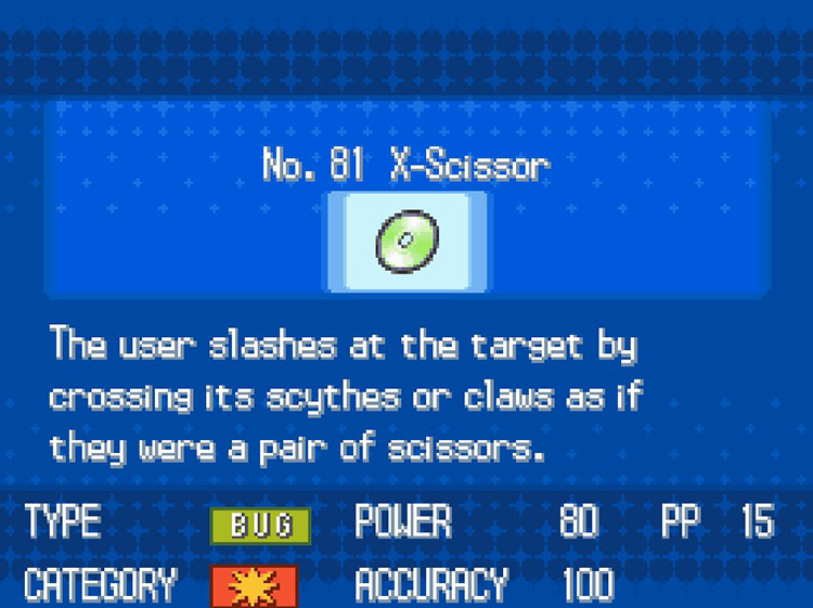 In-game details for TM81 X-Scissor. / Pokemon BW