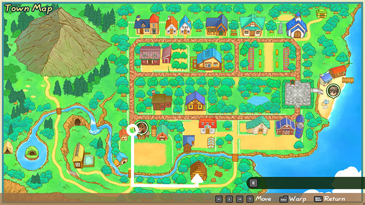 Map of Mineral Town with directions to Gotts’ workshop / SoS: FoMT