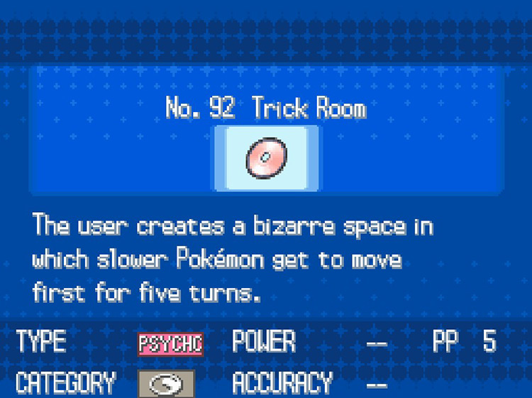 In-game details for TM92 Trick Room. / Pokemon BW