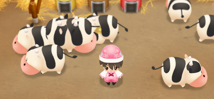 Standing next to baby animals in the barn in Story of Seasons: FoMT