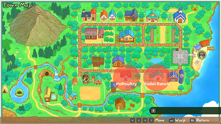 Map of Mineral Town with PoPoultry and Yodel Ranch labeled / SoS: FoMT