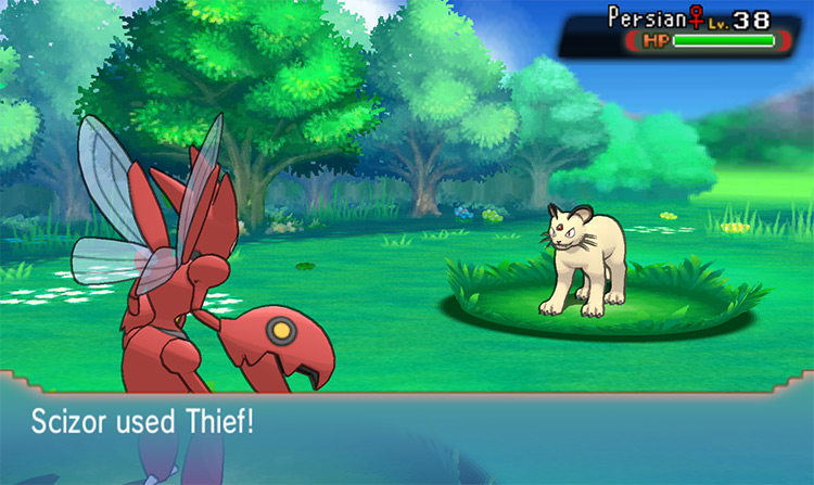 Using Thief on a wild Persian. / Pokémon Omega Ruby and Alpha Sapphire