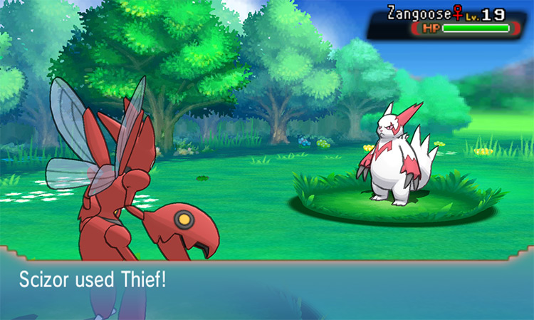 Using Thief on a wild Zangoose in Omega Ruby. / Pokémon Omega Ruby and Alpha Sapphire