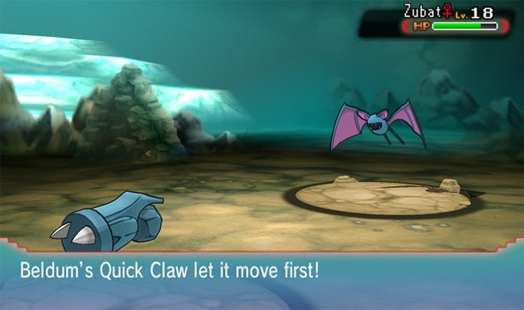 A Beldum holding a Quick Claw gets to attack first. / Pokémon Omega Ruby and Alpha Sapphire