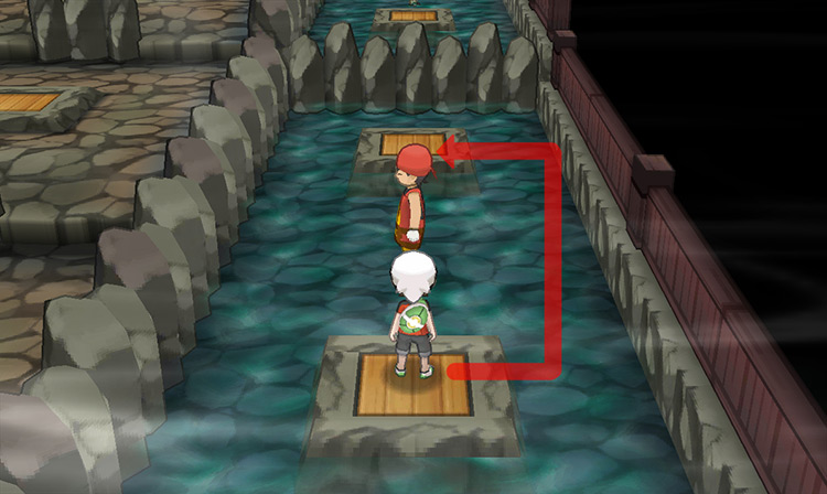 Moving to the upper-side trapdoor. Stick to the wall to avoid the Kindler trainer. / Pokémon Omega Ruby and Alpha Sapphire