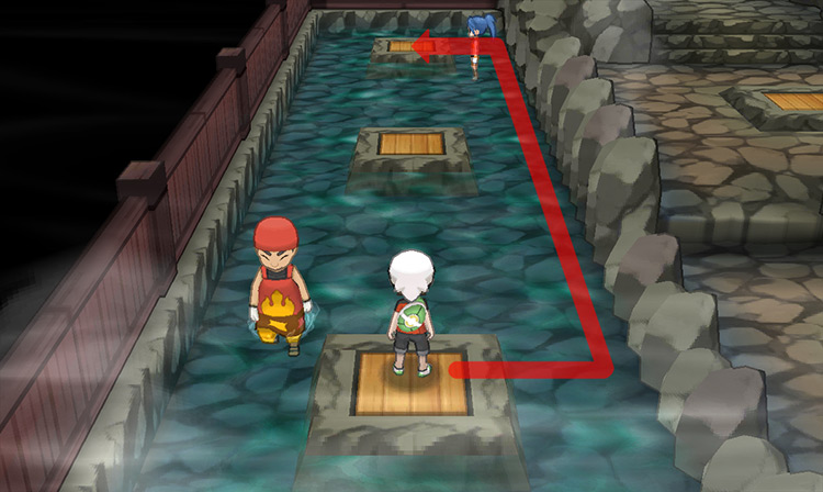 Path to the uppermost trapdoor, avoiding the Kindler and the Battle Girl. / Pokémon Omega Ruby and Alpha Sapphire