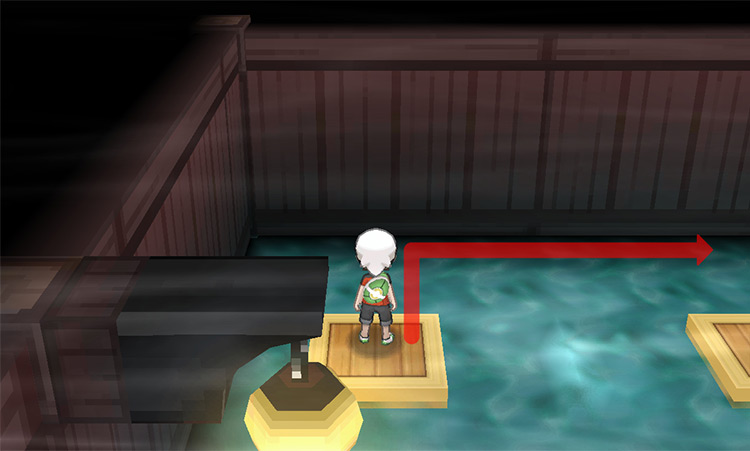 Heading over to the right-side of the room. Stick to the upper-side wall to avoid the Ninja Boy. / Pokémon Omega Ruby and Alpha Sapphire