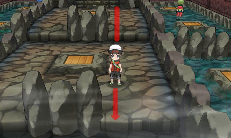 Jumping over the ledges to exit the Lavaridge Gym while avoiding the trapdoors. / Pokémon Omega Ruby and Alpha Sapphire