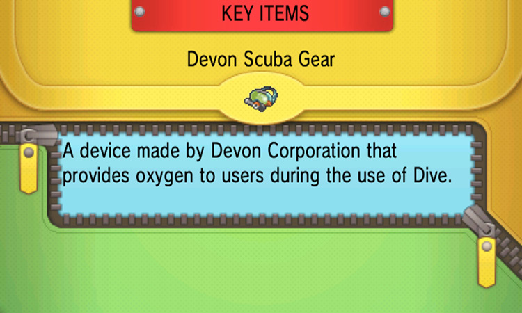 Devon Scuba Gear’s item description. / Pokémon Omega Ruby and Alpha Sapphire
