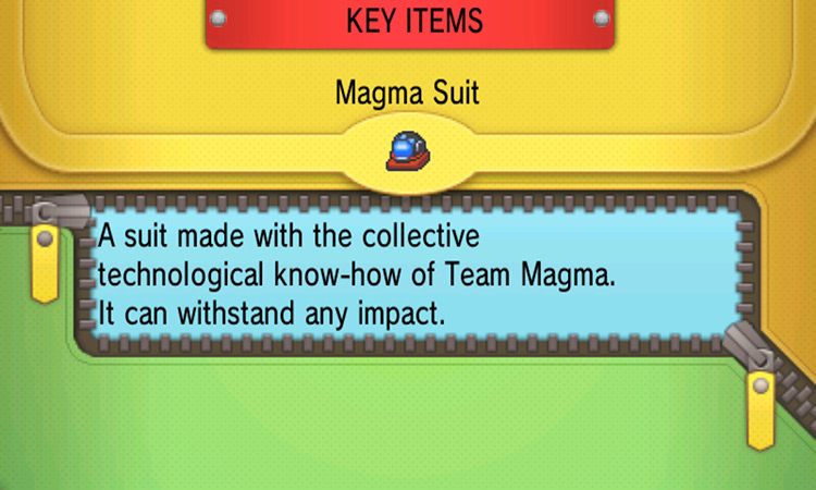 Magma Suit’s item description. / Pokémon Omega Ruby and Alpha Sapphire