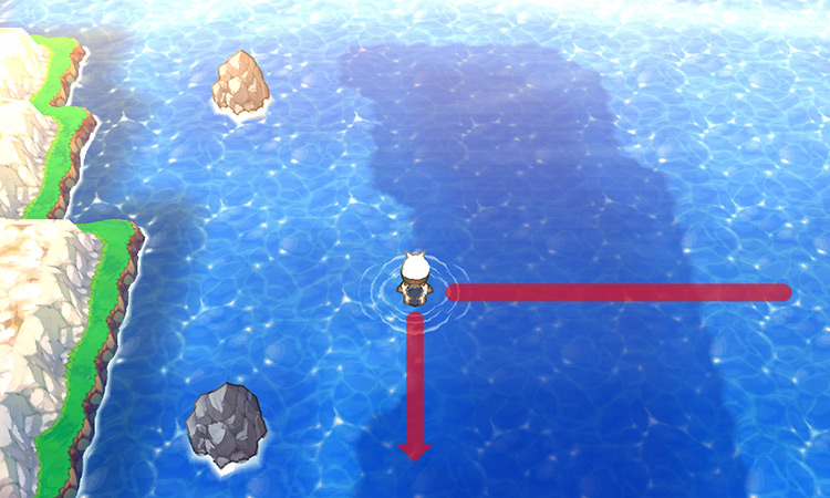 Heading south, along the dark water patch, on Route 126. / Pokémon Omega Ruby and Alpha Sapphire