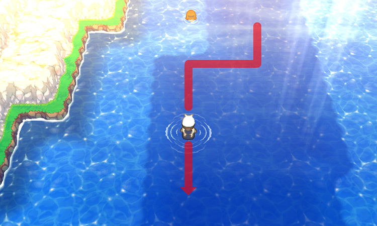 Surfing along the dark water patch on Route 126. / Pokémon Omega Ruby and Alpha Sapphire