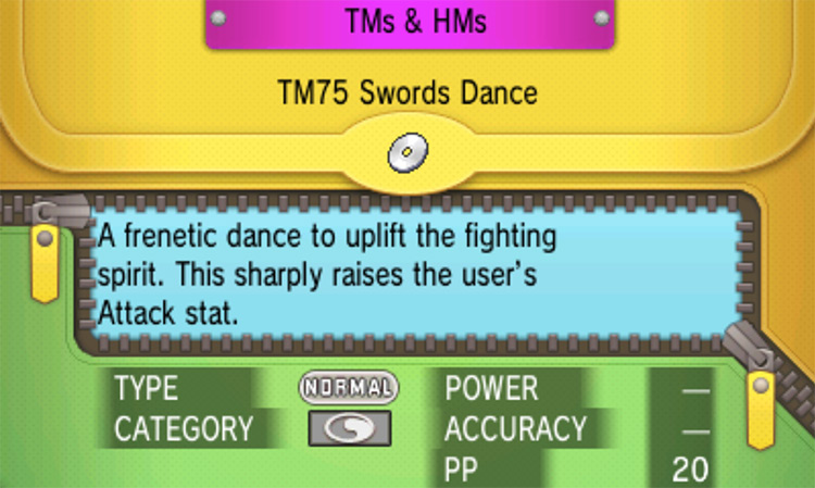 In-game details for TM75 Swords Dance / Pokemon ORAS