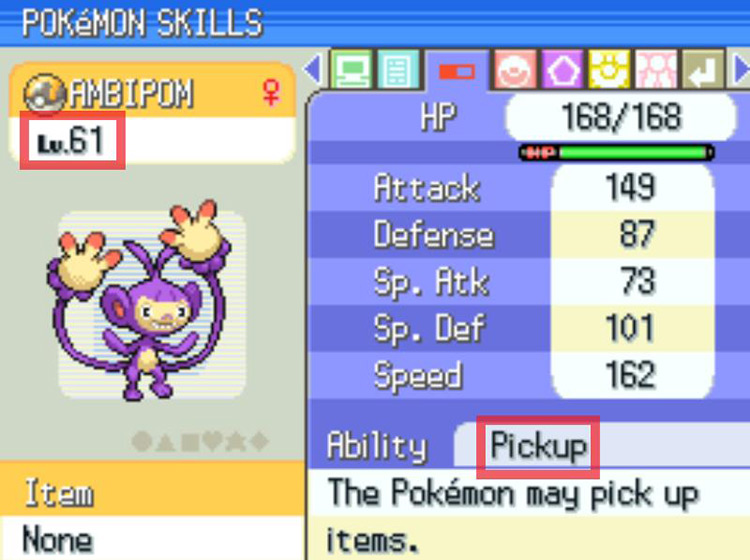 An Ambipom between levels 51 and 70 with Pickup. / Pokémon Platinum