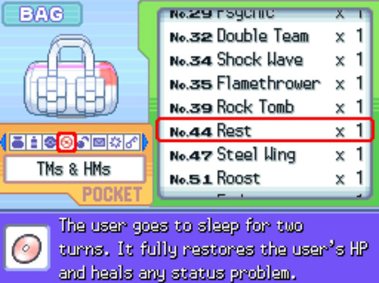 In-game description of TM44 Rest. / Pokémon Platinum