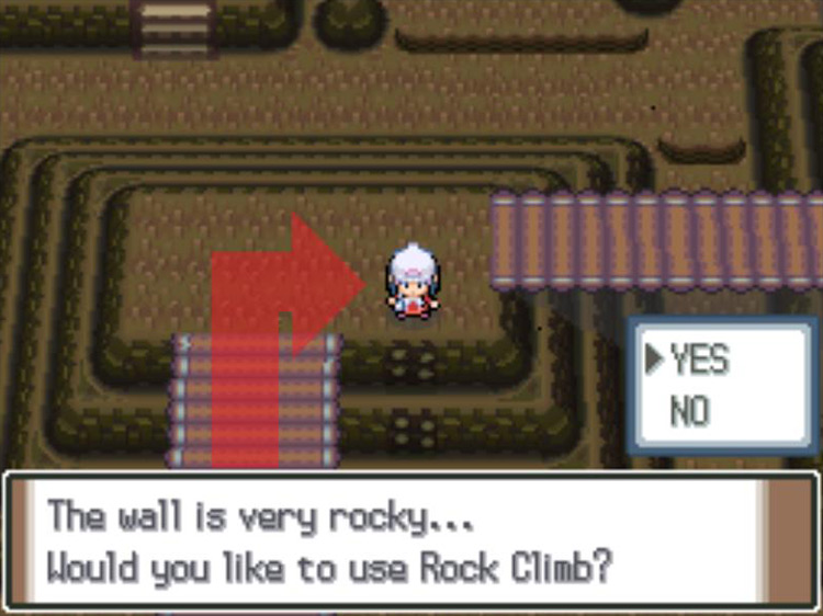 Using Rock Climb to climb down the wall. / Pokémon Platinum