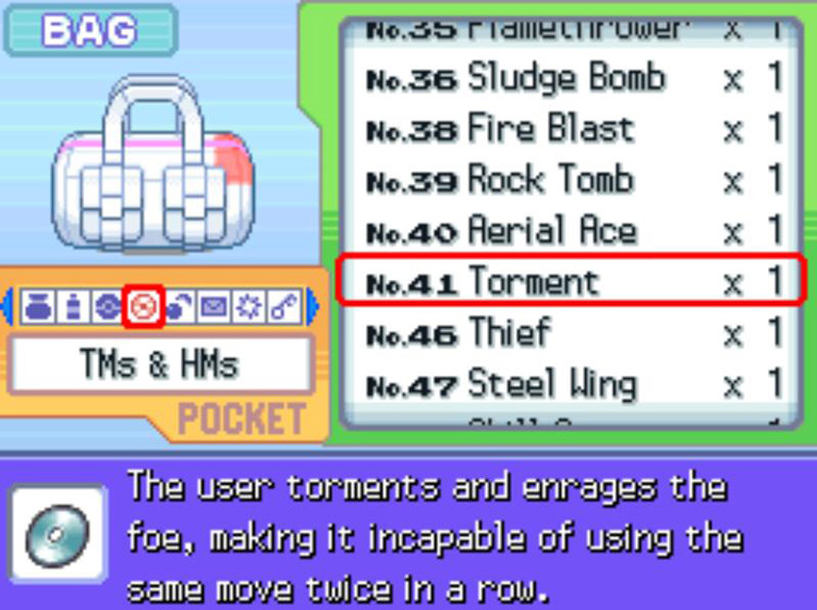 In-game description of TM41 Torment. / Pokémon Platinum