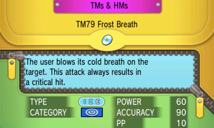 In-game details for TM79 Frost Breath / Pokemon ORAS