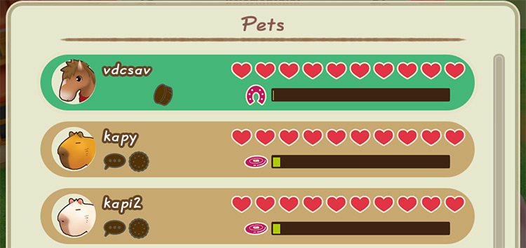 Interface of the Pet Relationships menu / SoS: FoMT