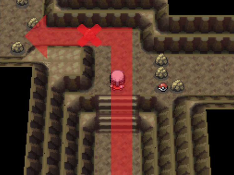 Taking the first left in the cave and using Rock Smash to get through. / Pokémon Platinum