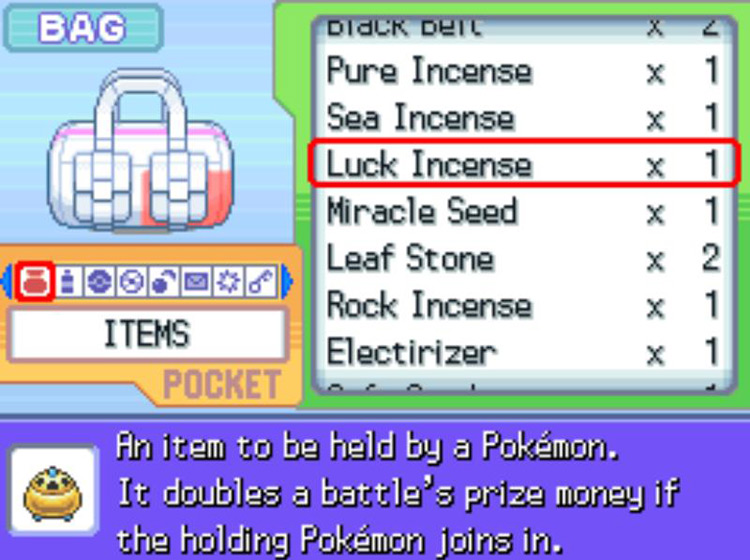 In-game description of the Luck Incense. / Pokémon Platinum