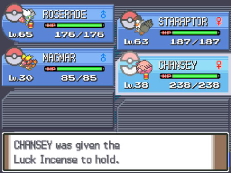 Giving the Luck Incense to Chansey. / Pokémon Platinum