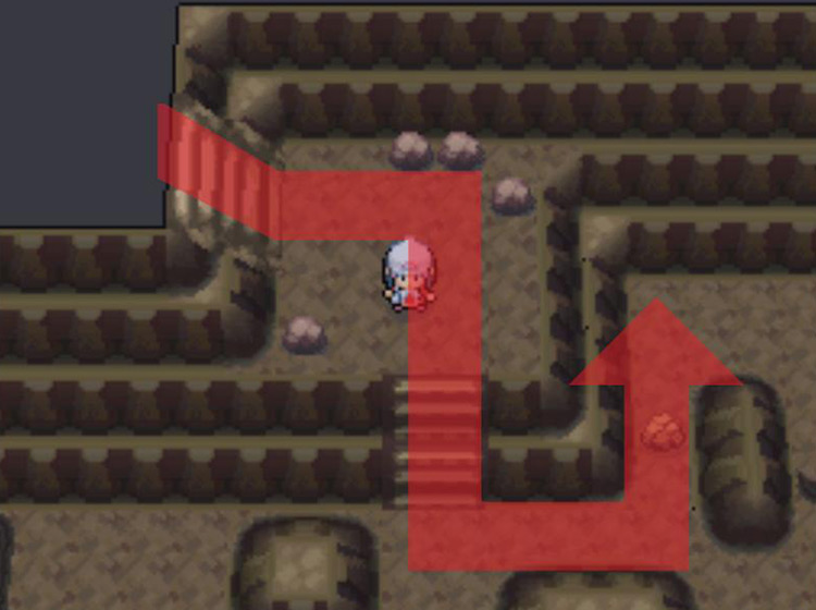 Climbing down the stairs and using Rock Smash to get through / Pokémon Platinum