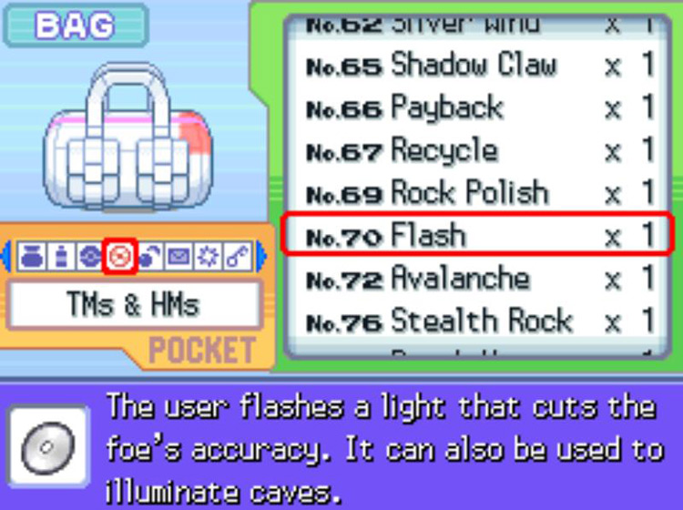 In-game description for TM70 Flash / Pokémon Platinum