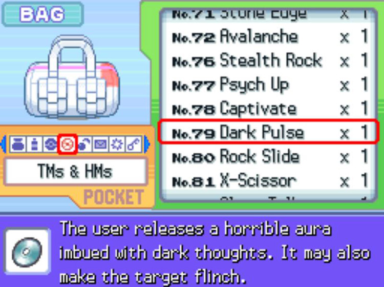 In-game description of TM79 Dark Pulse / Pokémon Platinum