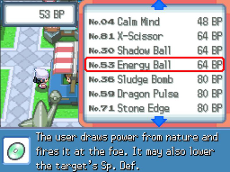 TM53 Energy Ball’s listing at the Exchange Service Corner / Pokémon Platinum