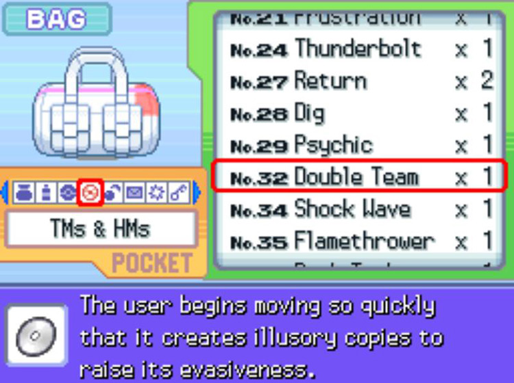 In-game description of TM32 Double Team / Pokémon Platinum