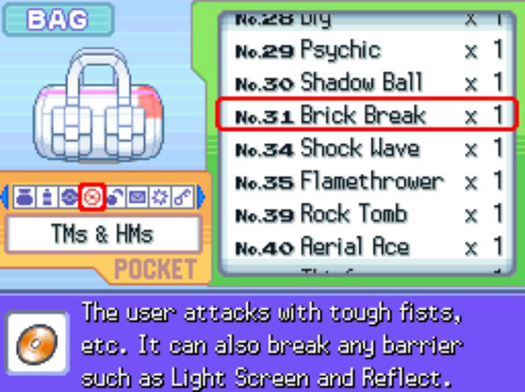 In-game description of TM31 Brick Break / Pokémon Platinum