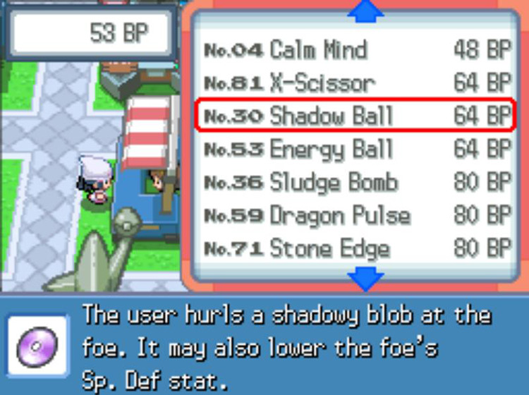 TM30 Shadow Ball’s listing at the Exchange Service Corner / Pokémon Platinum