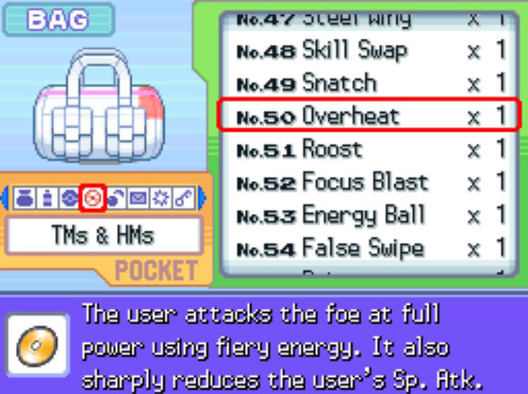 In-game description of TM50 Overheat. / Pokémon Platinum